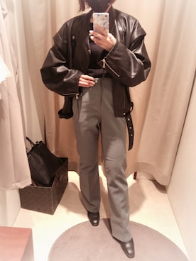 「Ameri（アメリ）のアイテム（ライダースジャケット）」を使った、rumiさん（レディース・162cm）の冬コーディネート