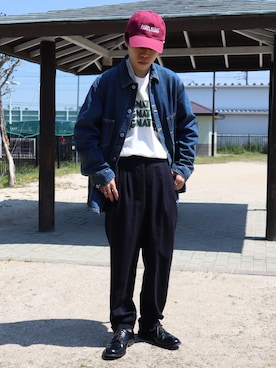 「アイテム（スラックス、ブルー系）」を使った、takahiroさん（メンズ・163cm）の春コーディネート