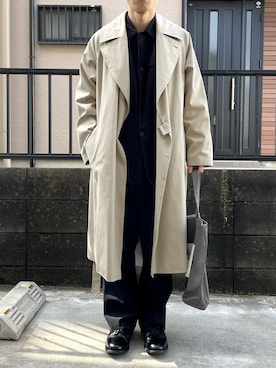 「COMOLI（コモリ）のアイテム（トレンチコート）」を使った、takahiroさん（メンズ・163cm）の冬コーディネート