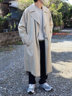 「COMOLI（コモリ）のアイテム（トレンチコート）」を使った、takahiroさん（メンズ・163cm）の冬コーディネート