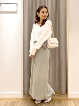 「アイテム（スカート、グリーン系）」を使った、Kaoriさん（レディース・155cm）の冬コーディネート