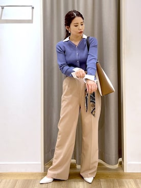 「Andemiu（アンデミュウ）のシャツエリツキニットカーディガン639472（ニット/セーター、ブルー系）」を使った、Kaoriさん（レディース・155cm）の春コーディネート