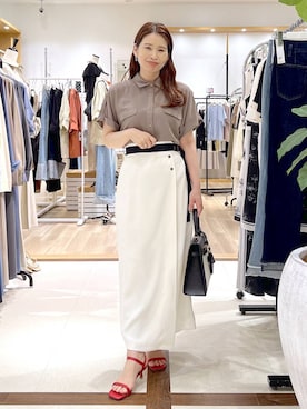 「Andemiu（アンデミュウ）のハイショクベルトIラインスカート653140（スカート、ホワイト系）」を使った、Kaoriさん（レディース・155cm）の春コーディネート