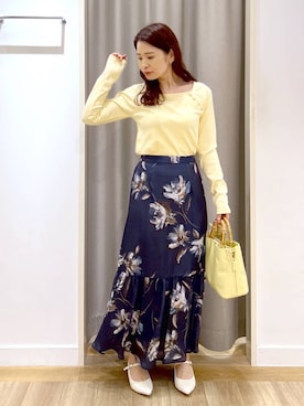 「Andemiu（アンデミュウ）のアートフラワーフレアスカート639353（スカート、ブルー系）」を使った、Kaoriさん（レディース・155cm）の春コーディネート