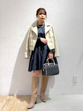 「チュニック」｜「アイテム（ライダースジャケット）」を使った、Kaoriさん（レディース・155cm）の冬コーディネート