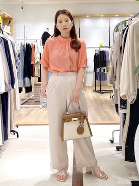 「Andemiu（アンデミュウ）のキャンバズフラップバッグ656272（トートバッグ、ブラウン系）」を使った、Kaoriさん（レディース・155cm）の春コーディネート