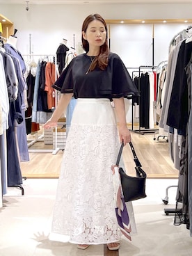 「Andemiu（アンデミュウ）のクラフトレーススカート657276（スカート、ホワイト系）」を使った、Kaoriさん（レディース・155cm）の春コーディネート