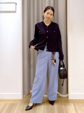 「Andemiu（アンデミュウ）のスカーフベルトつきストレートパンツ653134（スラックス、ブルー系）」を使った、Kaoriさん（レディース・155cm）の春コーディネート