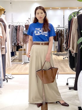 「Andemiu（アンデミュウ）のウエストタックワイドパンツ/1042100（その他パンツ、ベージュ系）」を使った、Kaoriさん（レディース・155cm）の夏コーディネート