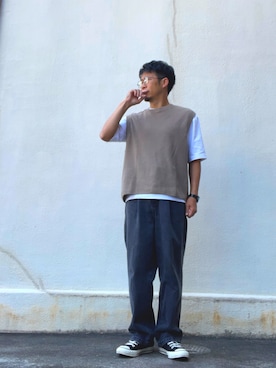 「MONKEY TIME（モンキータイム）のアイテム（ベスト）」を使った、takeさん（メンズ・170cm）の春コーディネート