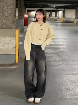 「moi tytto（モイテュット）のニュアンスボタンノーカラーニットカーディガン（カーディガン/ボレロ、ベージュ系）」を使った、まりいさん（レディース・159cm）の冬コーディネート