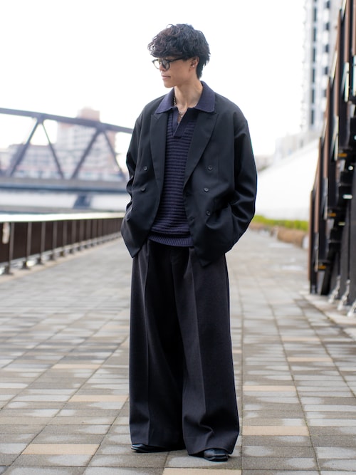CAMPHOR WOOD ワイドパンツ グレー　Lサイズ 1tuck wide baggy tweed slacks / ウールライク1タックワイド