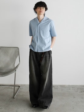 「WYM LIDNM（ウィム バイ リドム）のMICRO SPAN CROPPED H/S SHIRT（シャツ/ブラウス、ブルー系）」を使った、watoさん（メンズ・174cm）の春コーディネート