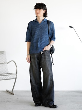 「WYM LIDNM（ウィム バイ リドム）のJACQUARD MESH H/S KNIT POLO（ポロシャツ）」を使った、watoさん（メンズ・174cm・20代）の夏コーディネート