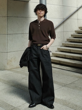 「WYM LIDNM（ウィム バイ リドム）のAZE H/S KNIT HENLEY（ニット/セーター、ブラウン系）」を使った、watoさん（メンズ・174cm）の春コーディネート