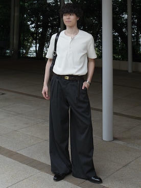 「WYM LIDNM（ウィム バイ リドム）のREFINED RIB STRETCH HENLEY TEE（Tシャツ/カットソー、ホワイト系）」を使った、watoさん（メンズ・174cm）の春コーディネート