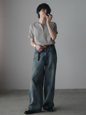 「WYM LIDNM（ウィム バイ リドム）のREFINED RIB STRETCH HENLEY TEE（Tシャツ/カットソー、グレー系）」を使った、watoさん（メンズ・174cm）の春コーディネート