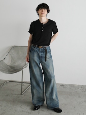 「WYM LIDNM（ウィム バイ リドム）のREFINED RIB STRETCH HENLEY TEE（Tシャツ/カットソー、ブラック系）」を使った、watoさん（メンズ・174cm）の春コーディネート