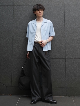 「WYM LIDNM（ウィム バイ リドム）のMICRO SPAN CROPPED H/S SHIRT（シャツ/ブラウス、ブルー系）」を使った、watoさん（メンズ・174cm）の夏コーディネート