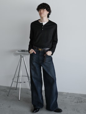 「WYM LIDNM（ウィム バイ リドム）のREFINED WAFFLE HENLEY NECK L/S TEE（Tシャツ/カットソー、ブラック系）」を使った、watoさん（メンズ・174cm）の春コーディネート