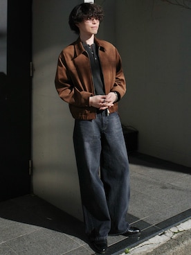 「WYM LIDNM（ウィム バイ リドム）のARTIFICIAL GRAIN / FAUX SUEDE ZIP BLOUSON（ブルゾン、ブラウン系）」を使った、watoさん（メンズ・174cm）の春コーディネート