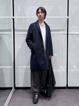 「LAKOLE（ラコレ）のアイテム（チェスターコート）」を使った、NAOさん（メンズ・175cm）の冬コーディネート