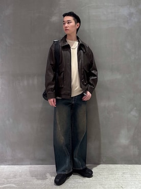 「レザー」｜「アイテム（スリッポン）」を使った、NAOさん（メンズ・175cm）の冬コーディネート