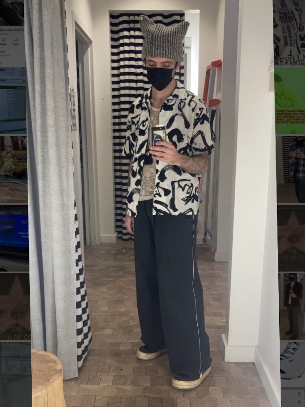 「Pocheのアイテム（ニットキャップ/ビーニー、ベージュ系）」を使った、chrisさん（メンズ・181cm）の春コーディネートの1枚目の写真