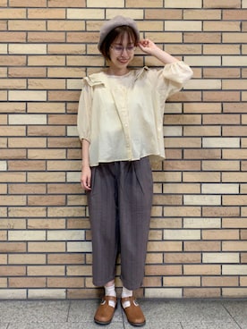 「ストライプパンツ」｜「アイテム（ハンチング/ベレー帽）」を使った、なかごう まいさん（レディース・162cm）の夏コーディネート