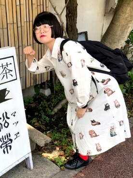 「猫」｜「アイテム（シャツワンピース）」を使った、まいこはーんさん（レディース・159cm）の夏コーディネート