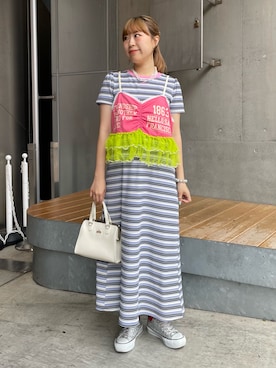 「HELLO.SANFRANCISCO（ハローサンフランシスコ）の【HELLO.SANFRANCISCO】マルチウェイフリル付ボーダーワンピ（ワンピース、ブルー系）」を使った、momoさん（レディース・160cm）の夏コーディネート