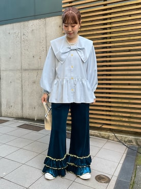「HELLO.SANFRANCISCO（ハローサンフランシスコ）の【HELLO.SANFRANCISCO】マーガレットロゴがま口ショルダー（ショルダーバッグ、ホワイト系）」を使った、momoさん（レディース・160cm）の夏コーディネート