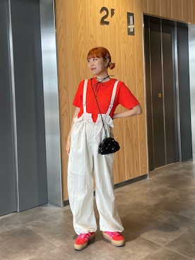 「ホワイトパンツ」｜「アイテム（サロペット/オーバーオール）」を使った、momoさん（レディース・160cm）の夏コーディネート