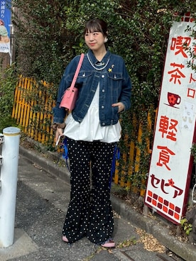 「CIAOPANIC TYPY（チャオパニックティピー）の【HELLO.SANFRANCISCO/ハローサンフランシスコ】ドット柄シャーリングパンツ（その他パンツ、ブラック系）」を使った、momoさん（レディース・160cm）の春コーディネート