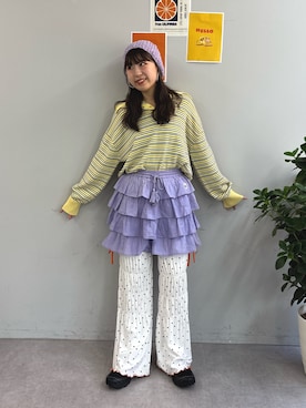 「CIAOPANIC TYPY（チャオパニックティピー）の【HELLO.SANFRANCISCO/ハローサンフランシスコ】ビッグカラーボーダーポロニット（ニット/セーター、イエロー系）」を使った、momoさん（レディース・160cm）の春コーディネート