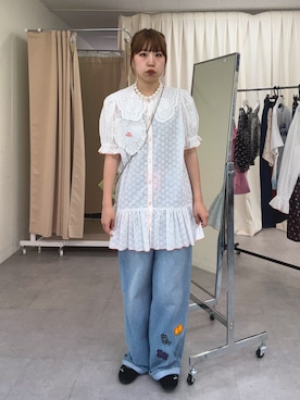 「HELLO.SANFRANCISCO（ハローサンフランシスコ）の【HELLO.SANFRANCISCO】フリルレースチュニック半袖ブラウス（シャツ/ブラウス、ホワイト系）」を使った、momoさん（レディース・160cm）の夏コーディネート