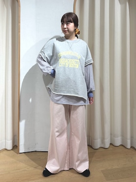 「CIAOPANIC TYPY（チャオパニックティピー）のアシッド加工裏毛フレンチスリーブロゴトップス（Tシャツ/カットソー、グレー系）」を使った、momoさん（レディース・160cm）の春コーディネート