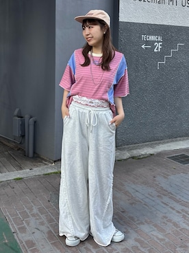 「HELLO.SANFRANCISCO（ハローサンフランシスコ）の【HELLO.SANFRANCISCO/ハローサンフランシスコ】レースウエストスウェットパンツ（スウェットパンツ、グレー系）」を使った、momoさん（レディース・160cm）の春コーディネート