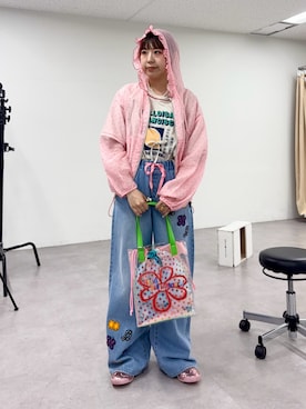 「HELLO.SANFRANCISCO（ハローサンフランシスコ）の【HELLO.SANFRANCISCO/ハローサンフランシスコ】ドット柄フリルシアーパーカー（パーカー、ピンク系）」を使った、momoさん（レディース・160cm）の春コーディネート