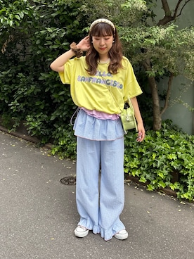 「CIAOPANIC TYPY（チャオパニックティピー）の【HELLO.SANFRANCISCO】レイヤードスカート付フリルパンツ（その他パンツ、ブルー系）」を使った、momoさん（レディース・160cm）の春コーディネート