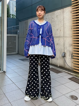 「HELLO.SANFRANCISCO（ハローサンフランシスコ）の【HELLO.SANFRANCISCO】リボンビックカラーブラウス（シャツ/ブラウス、ブルー系）」を使った、momoさん（レディース・160cm）の夏コーディネート