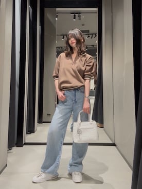 「ARMANI EXCHANGE（アルマーニエクスチェンジ）の【A|X アルマーニ エクスチェンジ】ハーフジップ ニットポロシャツ（ポロシャツ、ブラウン系）」を使った、Hana.coさん（レディース・158cm）の春コーディネート