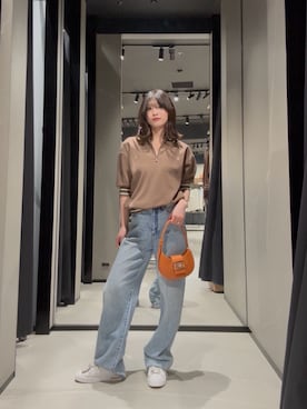 「ARMANI EXCHANGE（アルマーニエクスチェンジ）の【A|X アルマーニ エクスチェンジ】ハーフジップ ニットポロシャツ（ポロシャツ、ブラウン系）」を使った、Hana.coさん（レディース・158cm）の春コーディネート