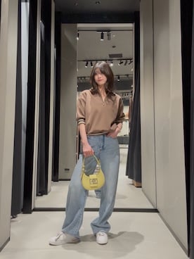 「ARMANI EXCHANGE（アルマーニエクスチェンジ）の【A|X アルマーニ エクスチェンジ】ハーフジップ ニットポロシャツ（ポロシャツ、ブラウン系）」を使った、Hana.coさん（レディース・158cm）の春コーディネート