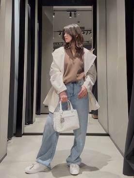 「ARMANI EXCHANGE（アルマーニエクスチェンジ）の【A|X アルマーニ エクスチェンジ】ハーフジップ ニットポロシャツ（ポロシャツ、ブラウン系）」を使った、Hana.coさん（レディース・158cm）の春コーディネート