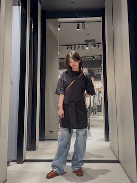 「ARMANI EXCHANGE（アルマーニエクスチェンジ）の【A|X アルマーニ エクスチェンジ】WE ウエストマーク 半袖クルーネックTシャツワンピース（EC限定カラー含）（ワンピース、ブラック系）」を使った、Hana.coさん（レディース・158cm）の春コーディネート