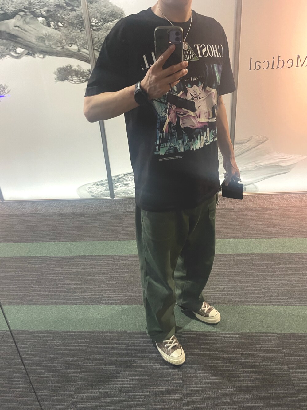 「アニメ、アニメT、ベイカーパンツ、ファティーグパンツ、ct70」｜「ギークスルールのギークスルールx 攻殻機動隊 15シルクスクリーン プリントTシャツ Vol.01 "素子" "ブラッグ（Tシャツ/カットソー、ブラック系）」を使った、maximum441972さん（メンズ・176cm）の夏コーディネートの1枚目の写真