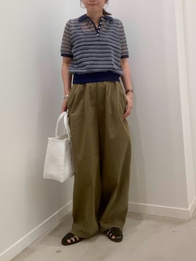 「fredy emue（フレディエミュ）のシアーボーダーポロニット（ポロシャツ、ブルー系）」を使った、ishiさん（レディース・154cm）の夏コーディネート