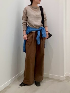 「fredy emue（フレディエミュ）のLINEN100ニットプルオーバー（ニット/セーター、ベージュ系）」を使った、ishiさん（レディース・154cm）の春コーディネート