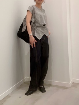 「fredy emue（フレディエミュ）のニットソーカシュクールプルオーバー（Tシャツ/カットソー、グレー系）」を使った、ishiさん（レディース・154cm）の夏コーディネート